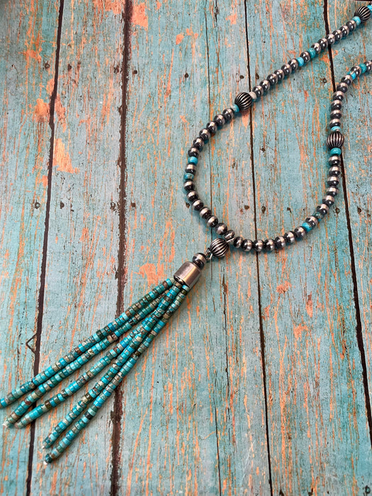 Navajo Sterling Silver And Turquoise Beaded Tassel Necklace