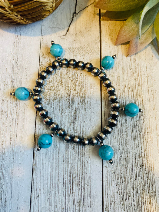 Turquoise & Sterling Silver Navajo Pearl Beaded Stretch Bracelet