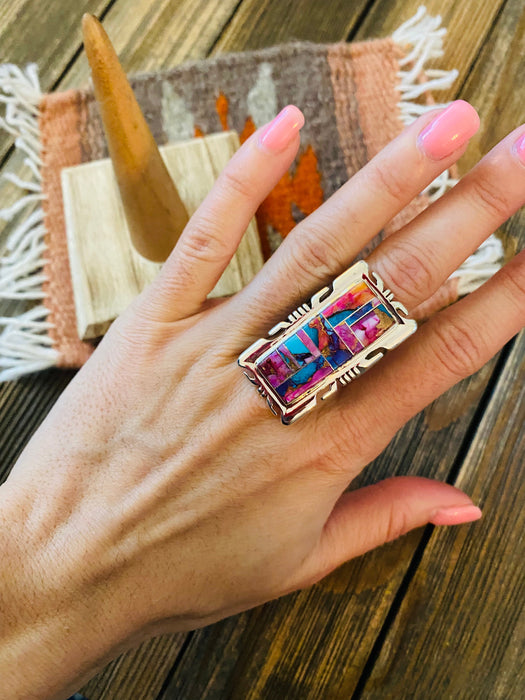 Navajo Sterling Silver & Pink Dream Mohave Rectangle Inlay Ring Size 8.25 - Culture Kraze Marketplace.com