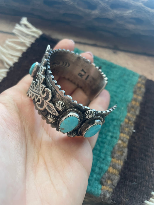 Navajo Sterling Cuff & Kingman Turquoise Cuff Bracelet Signed