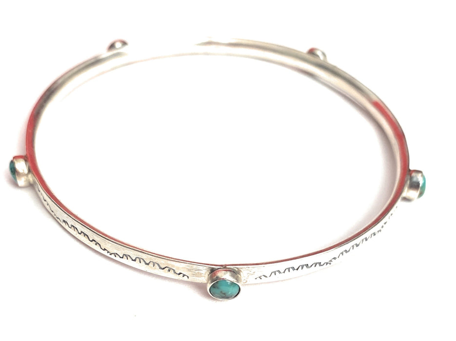 Navajo Hand Stamped Sterling Silver & Turquoise Bangle Bracelet