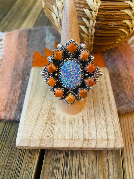 Handmade Sterling Silver, Orange Mojave & Opal Cluster Adjustable Ring - Culture Kraze Marketplace.com