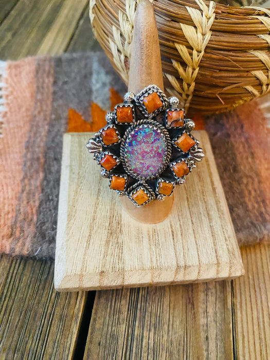 Handmade Sterling Silver, Orange Mojave & Opal Cluster Adjustable Ring - Culture Kraze Marketplace.com