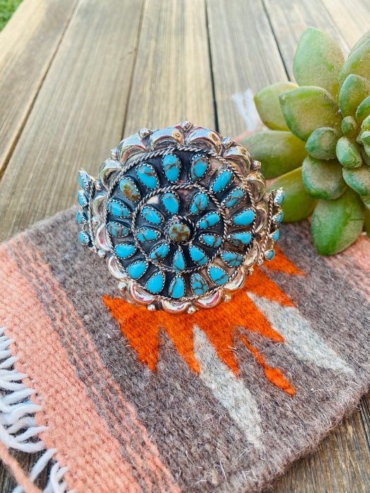 Navajo Cluster Turquoise And Sterling Silver Cuff Adjustable Bracelet