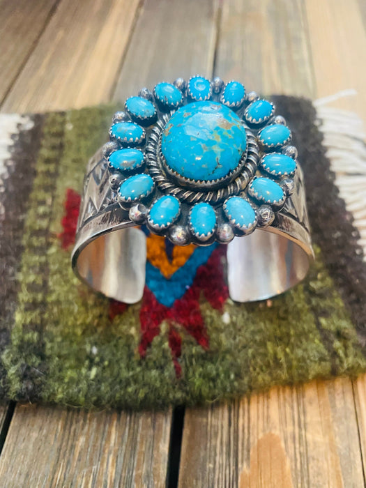 Navajo Kingman Turquoise And Sterling Silver Cluster Cuff Adjustable Bracelet