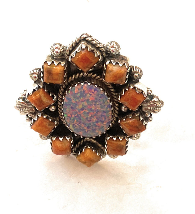 Handmade Sterling Silver, Orange Mojave & Opal Cluster Adjustable Ring - Culture Kraze Marketplace.com