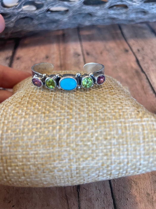 Navajo Baby Turquoise And Gem Stone Sterling Silver Cuff Bracelet Signed