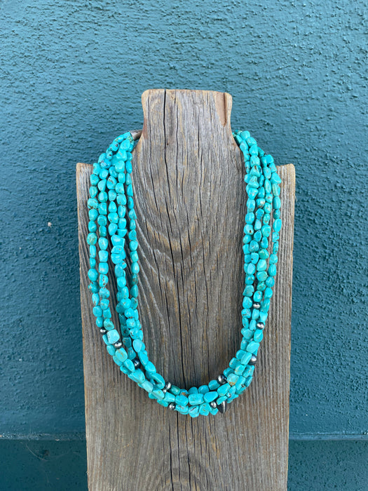 Navajo Turquoise & Sterling Silver 5 Strand Beaded Necklace