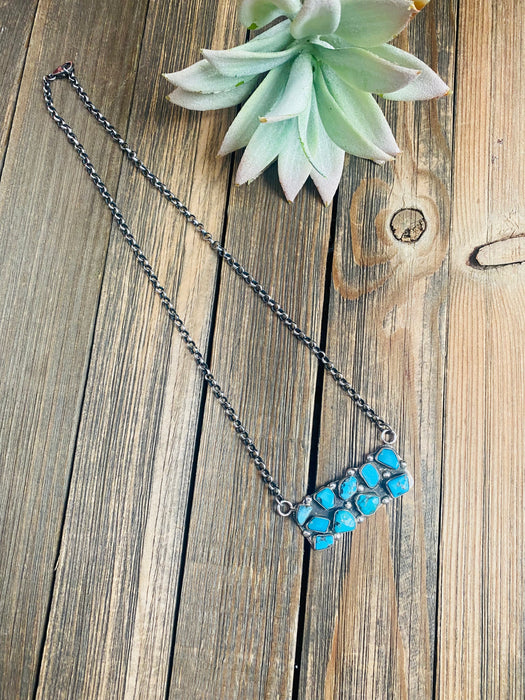 Zuni Sterling Silver & Kingman Turquoise Cluster Bar Necklace by Jude Candelaria