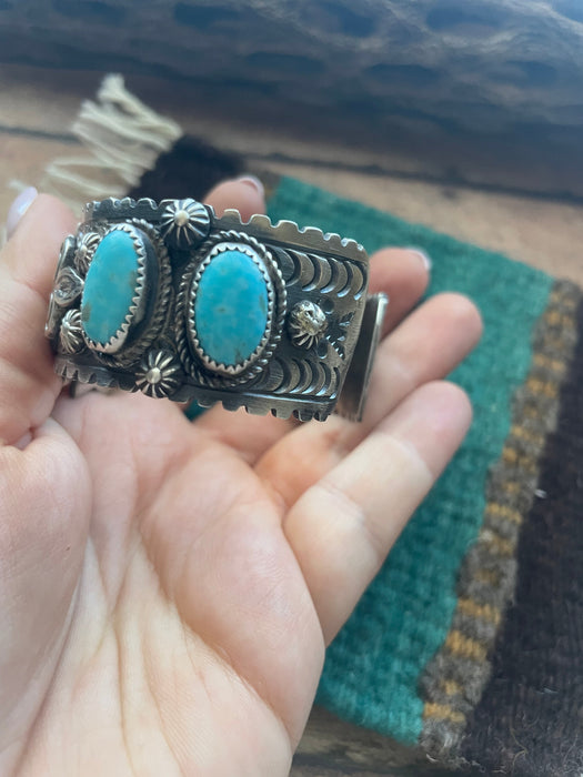 Navajo Sterling Cuff & Kingman Turquoise Cuff Bracelet Signed