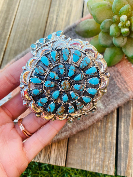 Navajo Cluster Turquoise And Sterling Silver Cuff Adjustable Bracelet