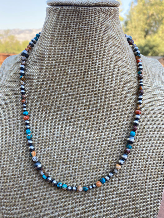 Navajo Turquoise & Spiny Spice Sterling Silver Beaded Necklace 20 inch