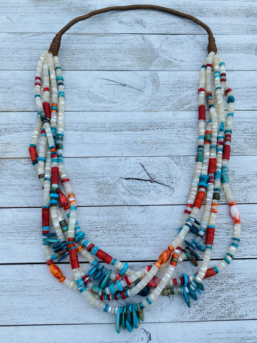 Navajo Mother of Pearl, Turquoise and Spiny Five Strand Beaded Necklace - Culture Kraze Marketplace.com