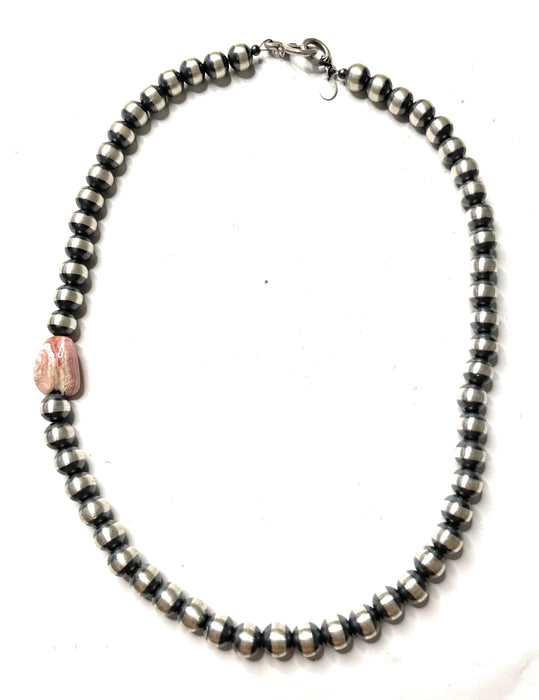 Navajo Sterling Silver And Rhodochrosite 8mm Beaded Necklace 18”