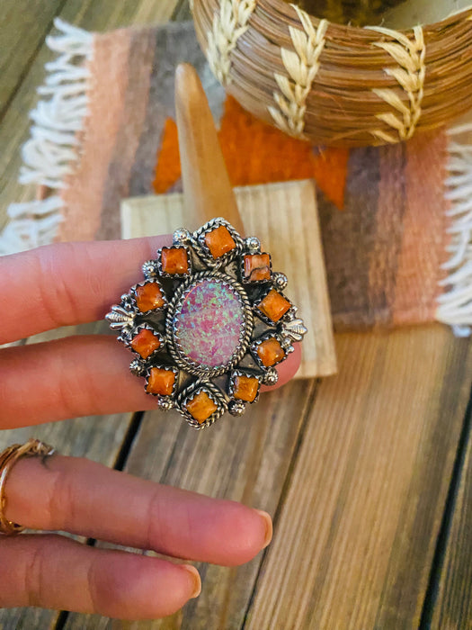 Handmade Sterling Silver, Orange Mojave & Opal Cluster Adjustable Ring - Culture Kraze Marketplace.com