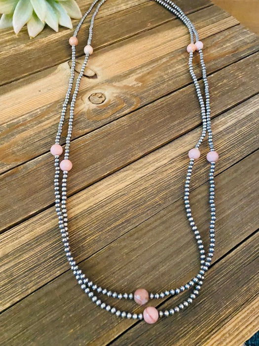 Navajo Sterling Silver Pearl & Pink Opal Beaded Necklace 72 inch - Culture Kraze Marketplace.com