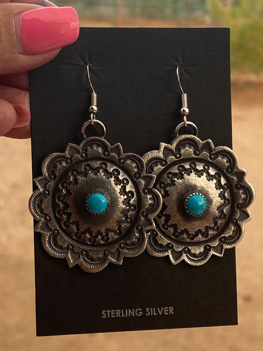 Navajo Turquoise & Sterling Silver Concho Dangle Earrings By Kevin Billah - Culture Kraze Marketplace.com