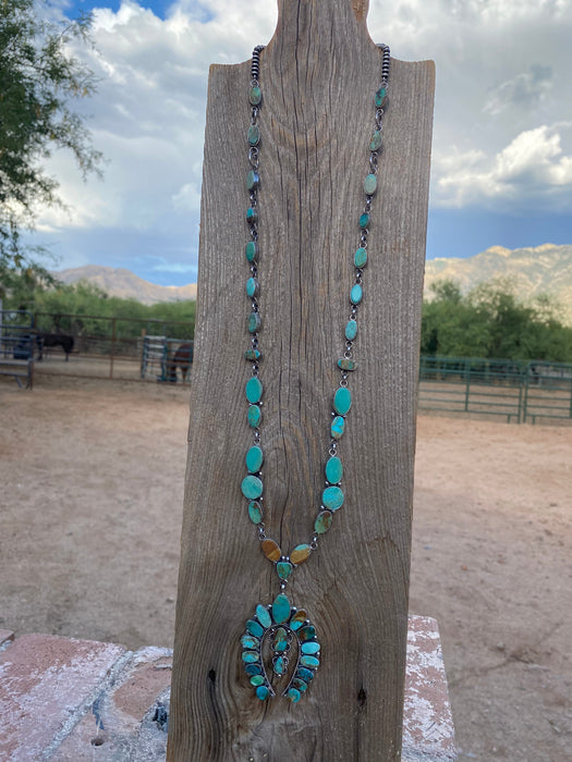 Navajo Sterling Silver & Royston Turquoise Drop Necklace Signed