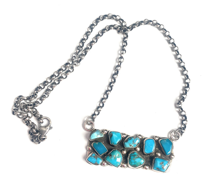 Zuni Sterling Silver & Kingman Turquoise Cluster Bar Necklace by Jude Candelaria