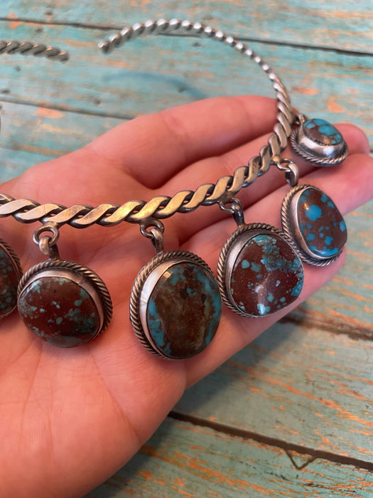 Navajo Lone Mountain Turquoise And Sterling Silver Adjustable Choker Necklace By Paul Livingston