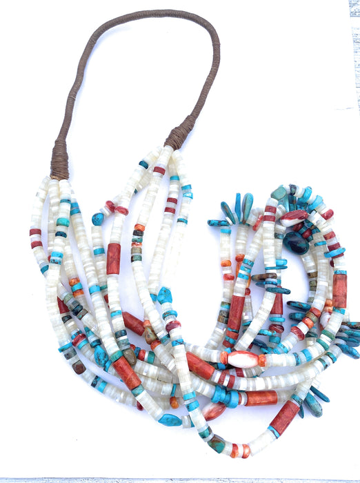 Navajo Mother of Pearl, Turquoise and Spiny Five Strand Beaded Necklace - Culture Kraze Marketplace.com