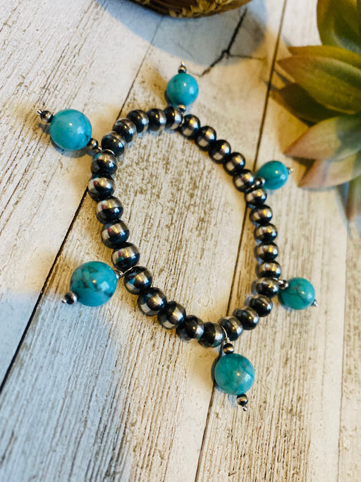 Turquoise & Sterling Silver Navajo Pearl Beaded Stretch Bracelet - Culture Kraze Marketplace.com