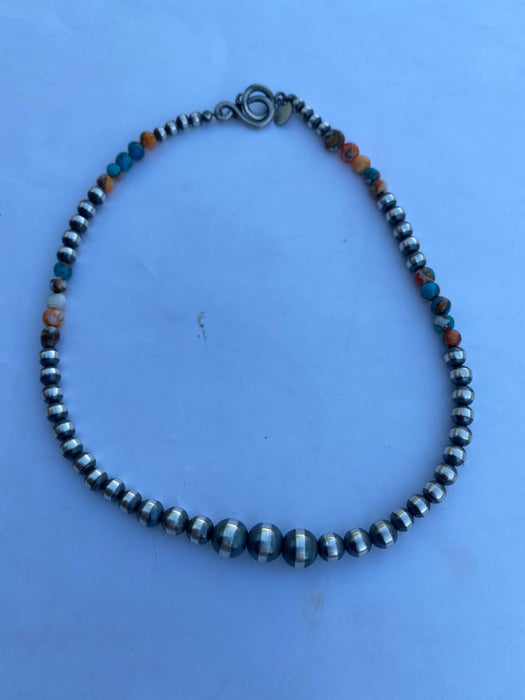 Navajo Turquoise & Spiny Spice Sterling Silver Beaded Necklace 14 inch