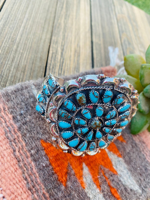 Navajo Cluster Turquoise And Sterling Silver Cuff Adjustable Bracelet