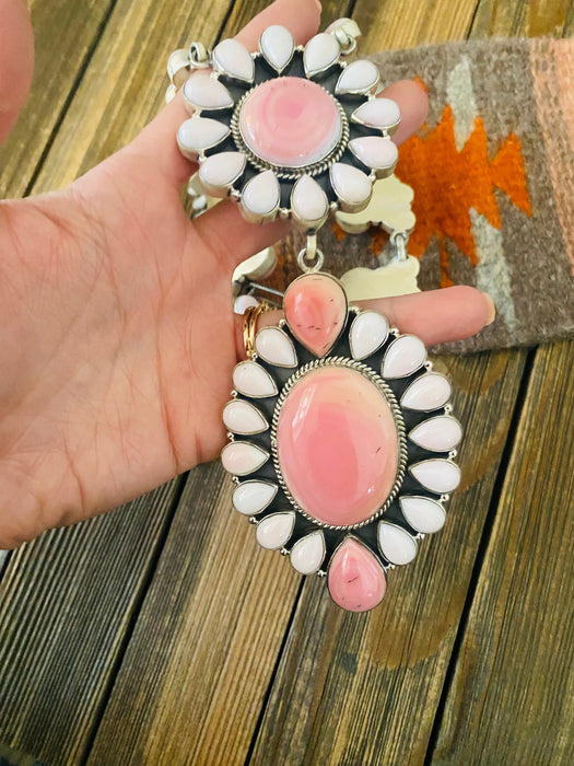 Navajo Queen Pink Conch Shell And Sterling Silver Cluster Necklace