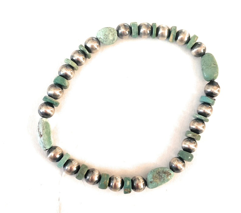 Handmade Turquoise & Sterling Silver Beaded Stretch Bracelet