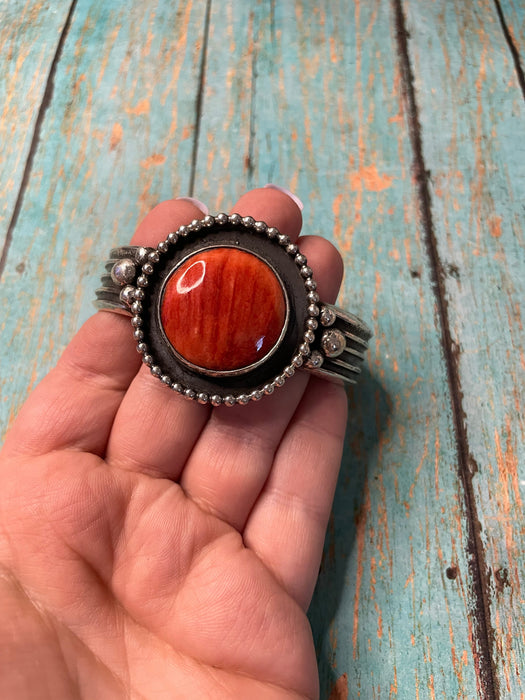 Navajo Orange Spiny & Sterling Silver Cuff Bracelet By Chimney Butte Signed