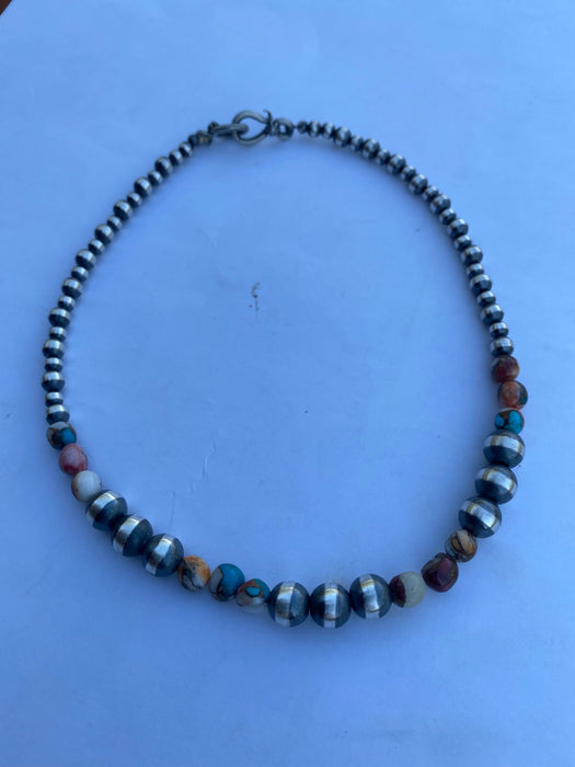 Navajo Turquoise & Spiny Spice Sterling Silver Beaded Necklace 14 inch