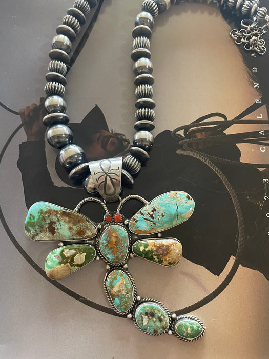 Navajo Sterling Silver And Turquoise Dragonfly Necklace By Patrick Yazzie