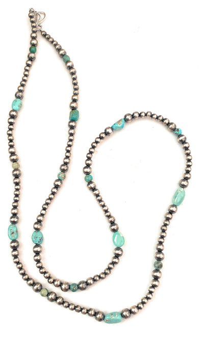 Handmade Sterling Silver & Turquoise Beaded Necklace 30”