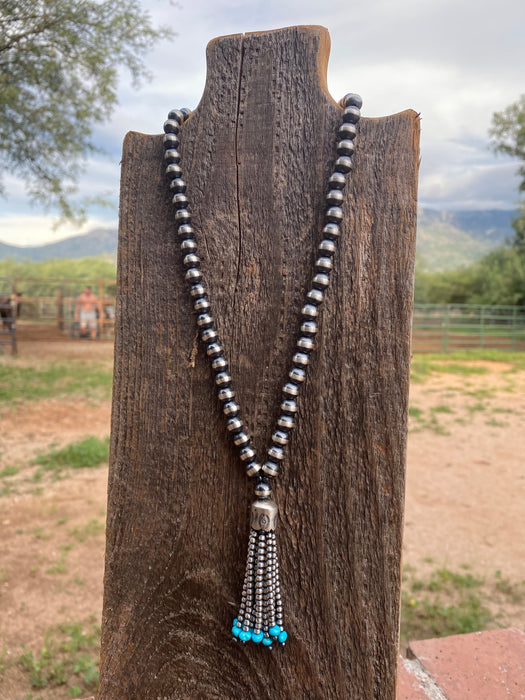 Navajo Sterling Silver Beaded Turquoise Tassel Necklace