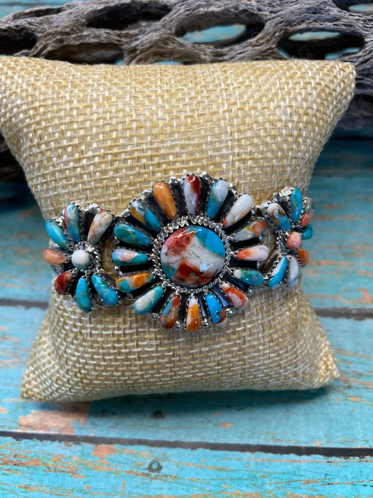 Navajo Multi Stone Spice And Sterling Silver Cluster Bracelet Cuff