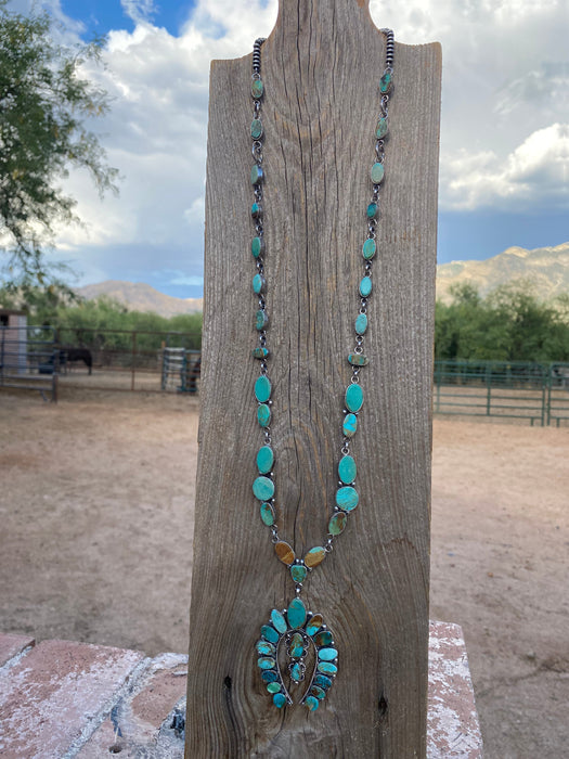 Navajo Sterling Silver & Royston Turquoise Drop Necklace Signed