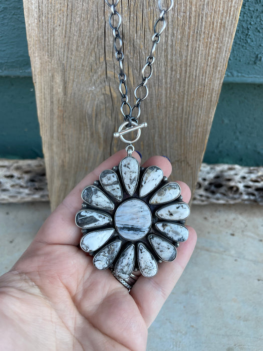 Navajo Sterling Silver And White Buffalo Cluster Necklace By Ella Peters