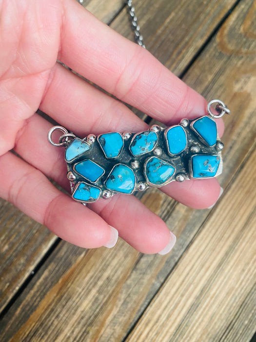 Zuni Sterling Silver & Kingman Turquoise Cluster Bar Necklace by Jude Candelaria