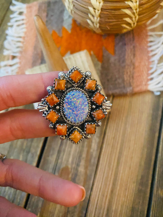 Handmade Sterling Silver, Orange Mojave & Opal Cluster Adjustable Ring - Culture Kraze Marketplace.com