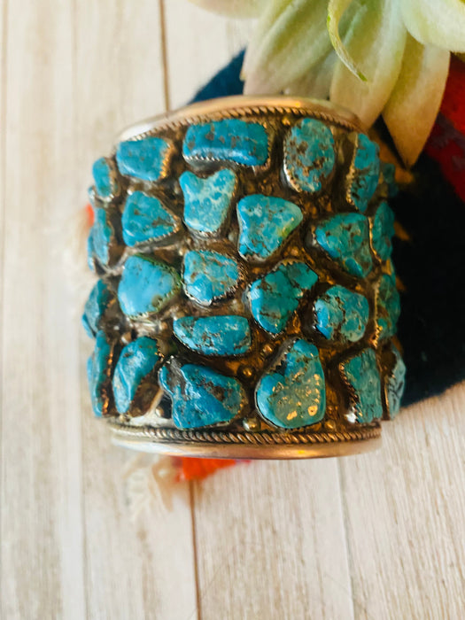 Navajo Old Pawn Vintage Turquoise & Sterling Silver Cuff Bracelet