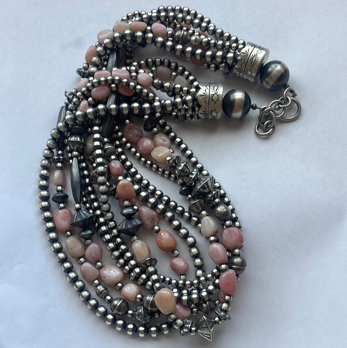 Navajo Sterling Silver Pink Conch 7 Strand Beaded Necklace 20-22inch