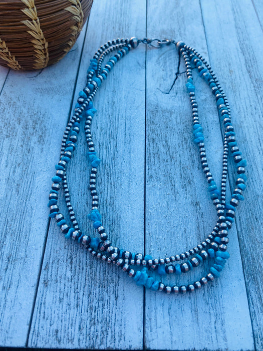 Navajo Turquoise & Sterling Silver Pearl Triple Strand Beaded 18” Necklace