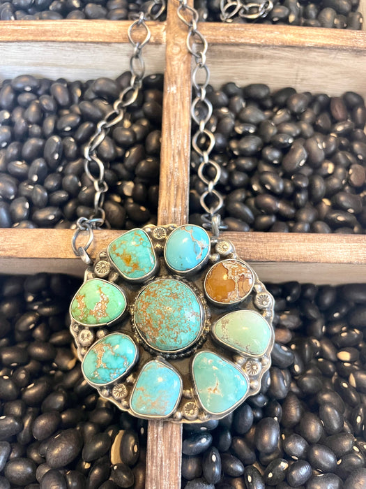 Navajo Carico Lake & Royston Turquoise Cluster Necklace Stamped & Signed