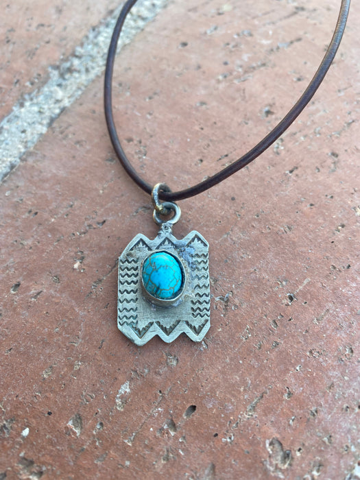 Handmade German Silver & Turquoise Leather Necklace