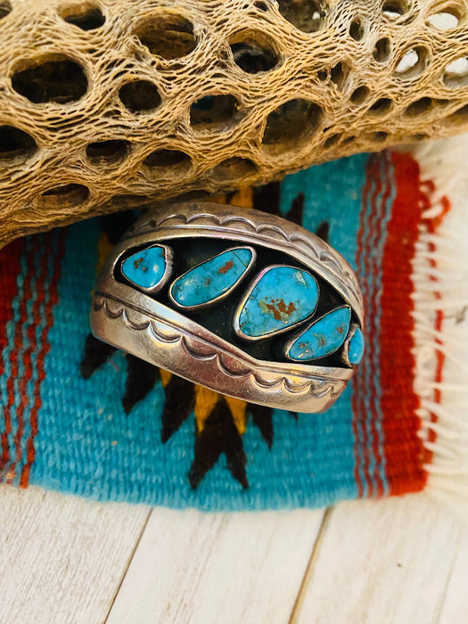 Navajo Old Pawn Vintage Turquoise & Sterling Silver Cuff Bracelet