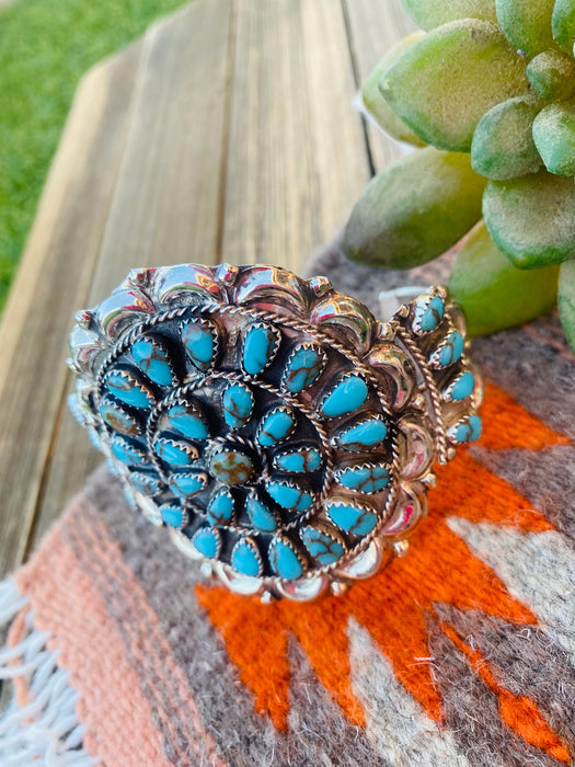 Navajo Cluster Turquoise And Sterling Silver Cuff Adjustable Bracelet