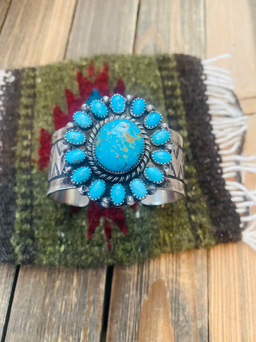 Navajo Kingman Turquoise And Sterling Silver Cluster Cuff Adjustable Bracelet