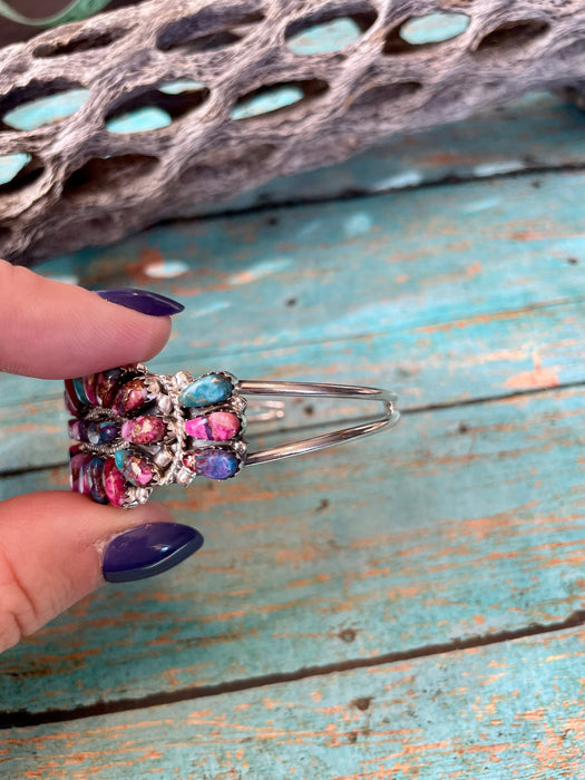 Purple Mojave And Sterling Silver Cluster Adjustable Cuff Bracelet