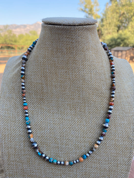 Navajo Turquoise & Spiny Spice Sterling Silver Beaded Necklace 20 inch